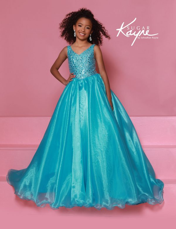 Aqua sparkle bodice ball gown for girls featuring a full organza skirt and v-neckline, perfect for pageants or formal events.